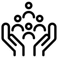 Abstract icon of hands lifting a group of people, symbolizing support and community.